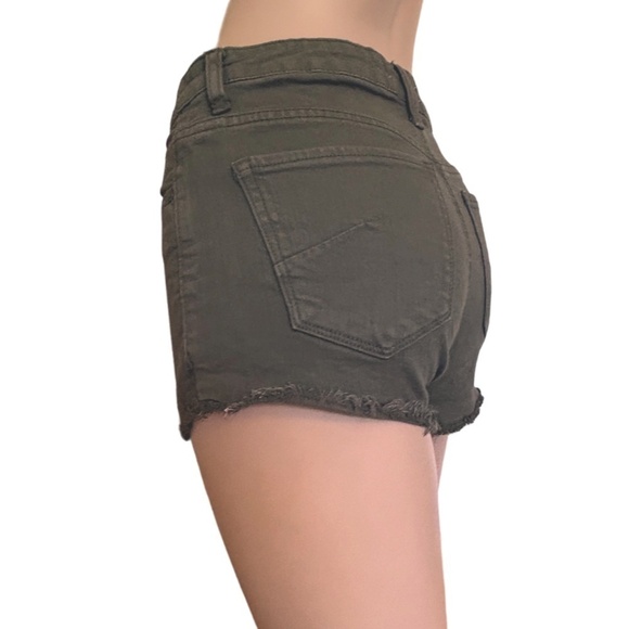 Aritzia Talula Short Shorts Cut Off Raw Hem Branded Throughout Army Green - Picture 4 of 11